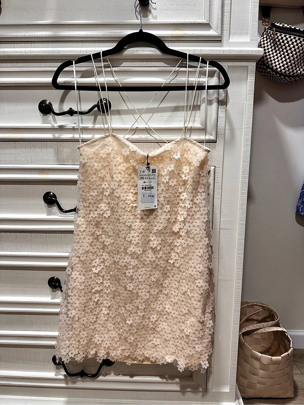 Zara Floral Sequin Mini Dress Cream XS